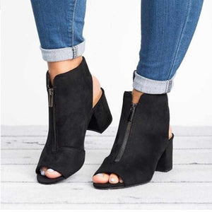 Women Zipper Peep Toe Square High Heel Shoes