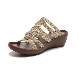 Hollow Out Weave Opened Toe Rhinestone Wedges Slippers