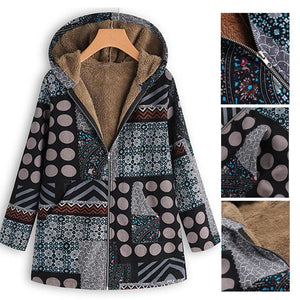Dotted coat with hood and patchwork pattern