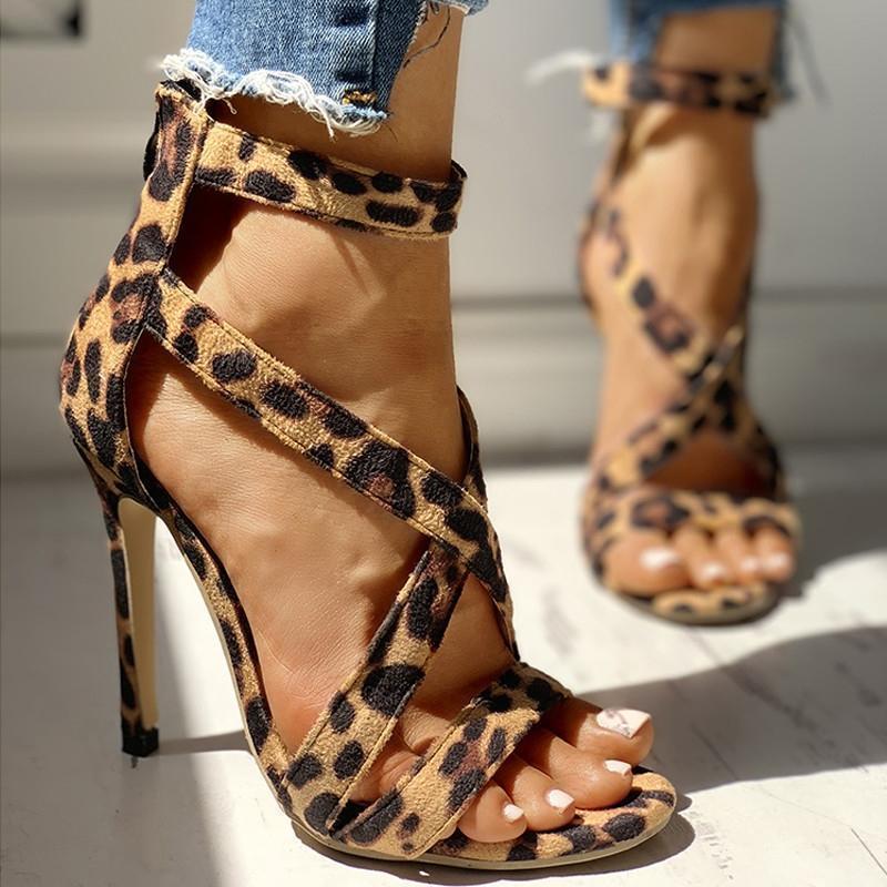 Leopard crossed sandals with back zipper