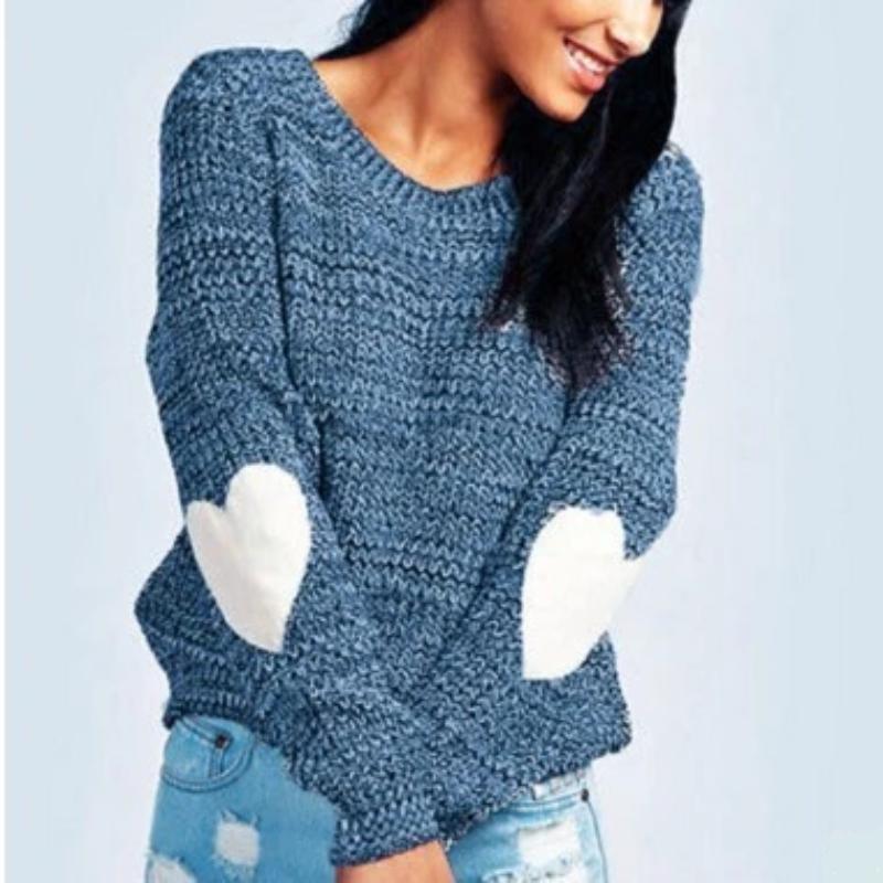Women Casual Heart Long Sleeve Jumper Knitted Sweater